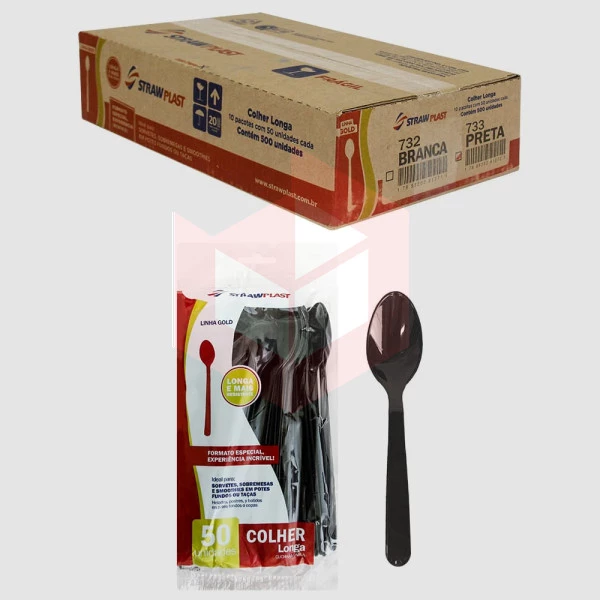 Colher longa Straw 733 preta 18cm 10x50un