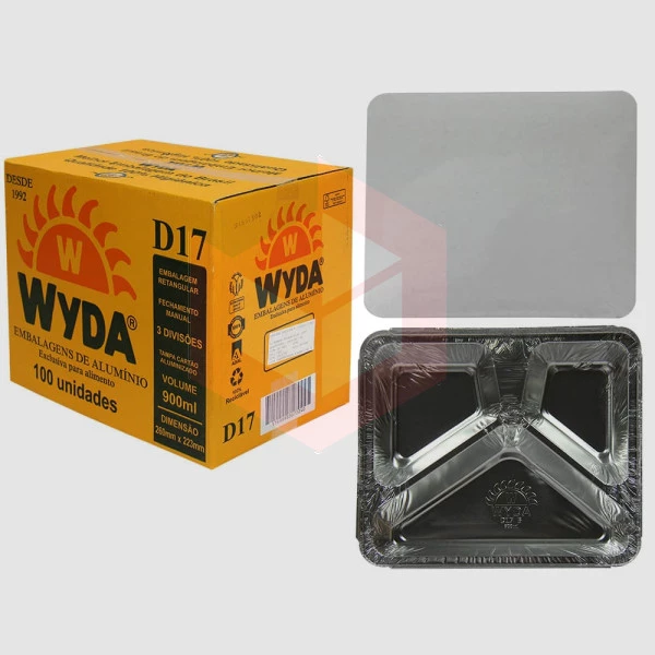 Bandeja de alumínio 3 divisórias 900ml D17 Wyda c/100un