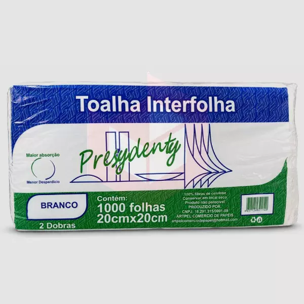 Papel toalha Presydenty branco 2d 20x20cm c/1000un