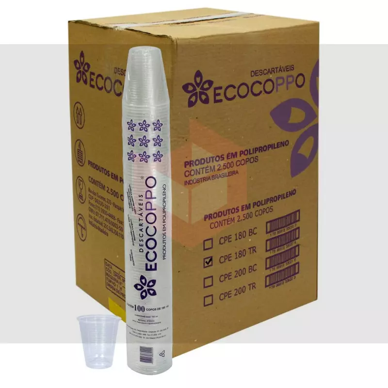 Copo Ecocoppo Transparente 180ml 25 Pacotes com 100 Unidades